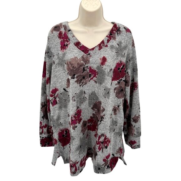 Ellen Tracy Womens Gray/Red Romance Floral Print V-Neck Long Sleeve Top Size L - Picture 4 of 9